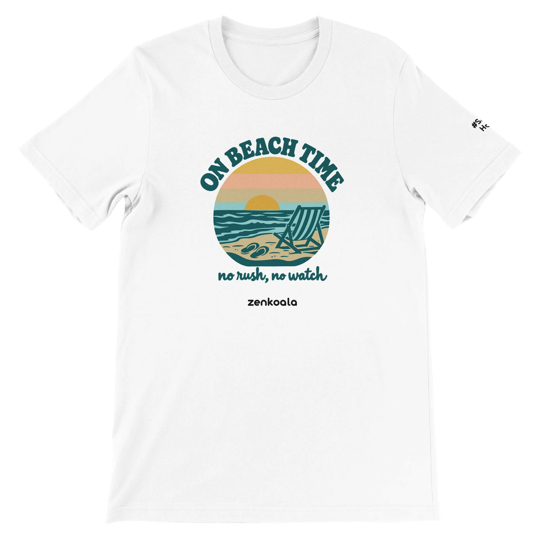 On Beach Time feel-good tee in white, Zen Koala Australia