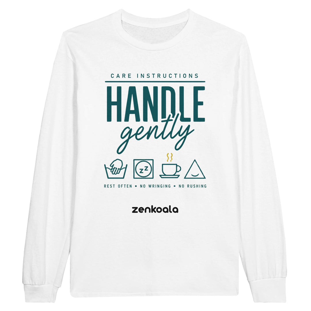Handle Gently Care Instructions long sleeve tee in white — Zen Koala Australia