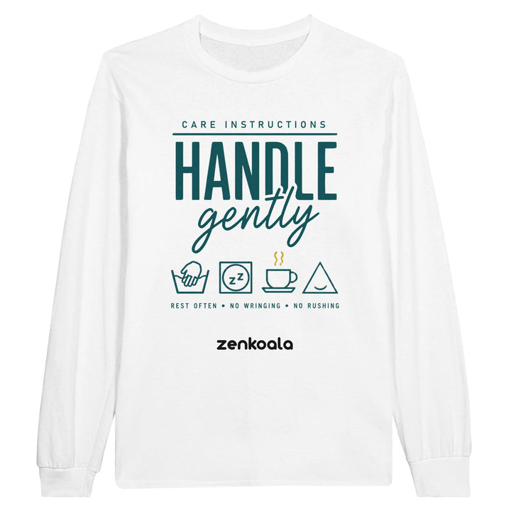 Handle Gently Care Instructions long sleeve tee in white — Zen Koala Australia