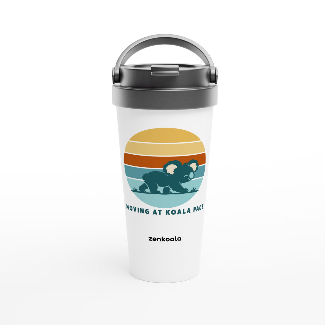 Moving at Koala Pace feel-good travel mug: a koala strolling across a retro sunset, Zen Koala Australia
