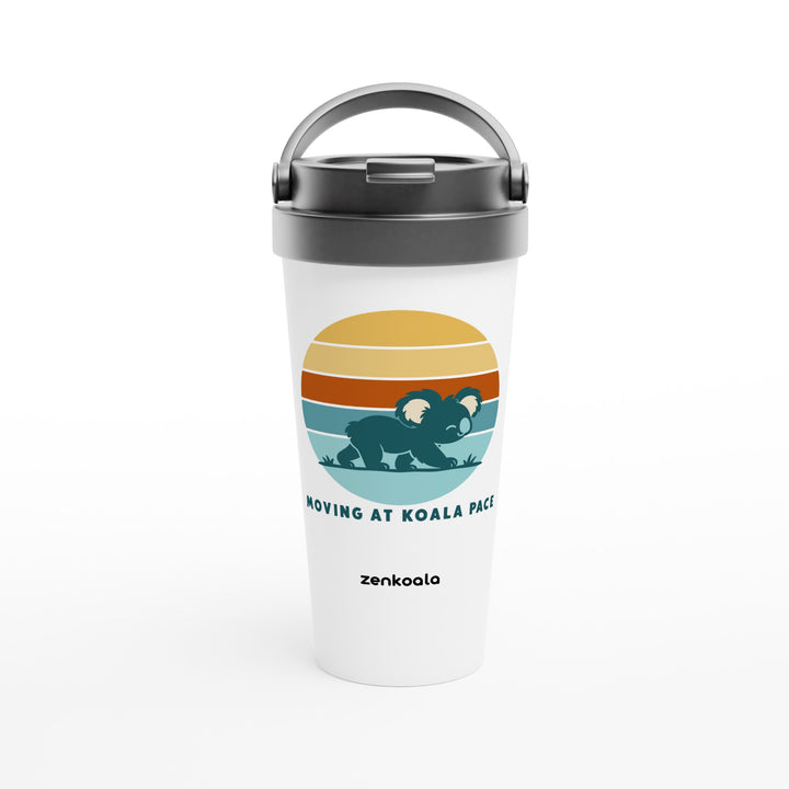 Moving at Koala Pace feel-good travel mug: a koala strolling across a retro sunset, Zen Koala Australia