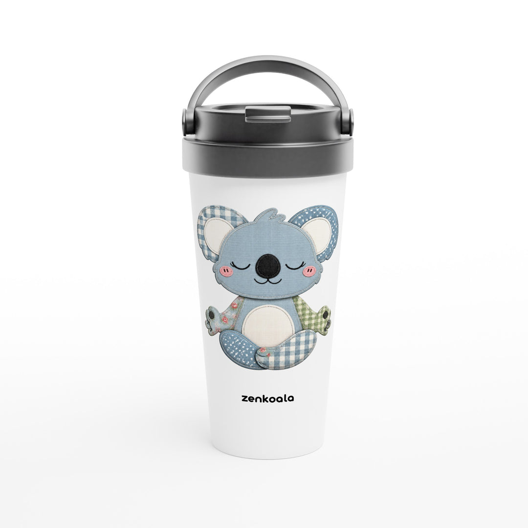 Faux Patchwork Meditating Koala feel-good travel mug: a faux patchwork meditating koala, Zen Koala Australia