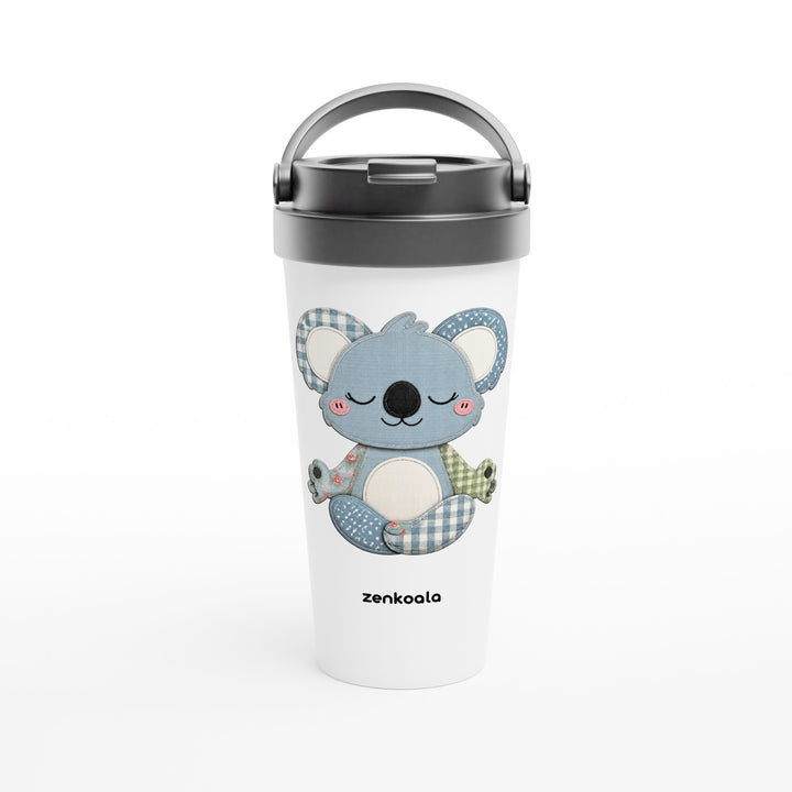Faux Patchwork Meditating Koala feel-good travel mug: a faux patchwork meditating koala, Zen Koala Australia