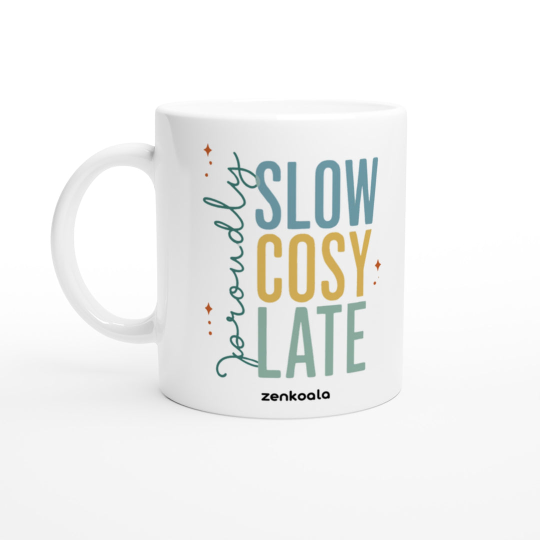 Proudly Slow Cosy Late mug in all white, Zen Koala Australia