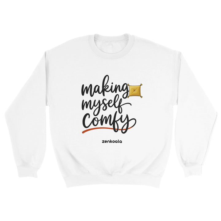 Making Myself Comfy feel-good sweatshirt in white: flowing script and a fluffed-up cushion, Zen Koala Australia