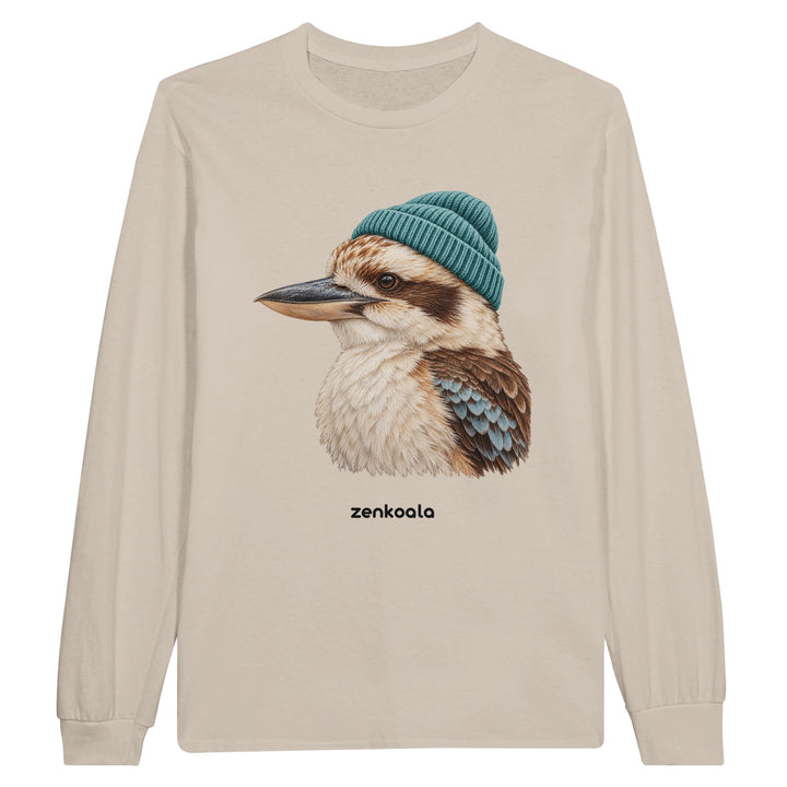 Kookaburra Beanie feel-good long sleeve tee in sand: a kookaburra in a beanie, Zen Koala Australia
