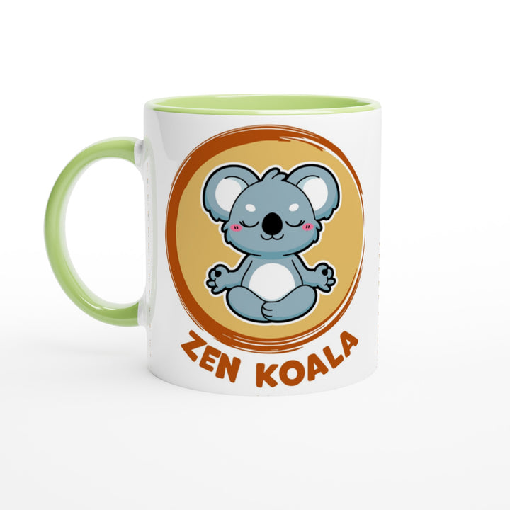 Zen Koala Official Logo - White 11oz with green handle and green rim interior ceramic mug