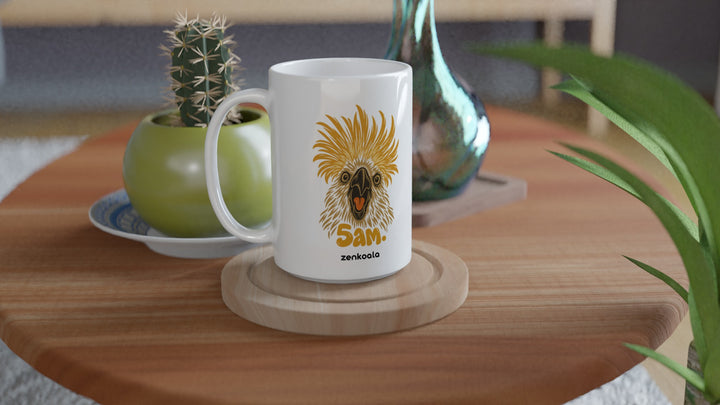 5am 15oz mug on a wooden table with a cactus, Zen Koala Australia