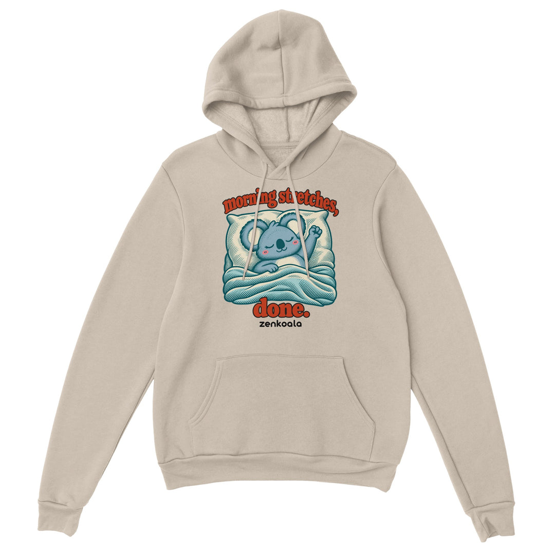 Morning Stretches Done feel-good hoodie in sand, Zen Koala Australia