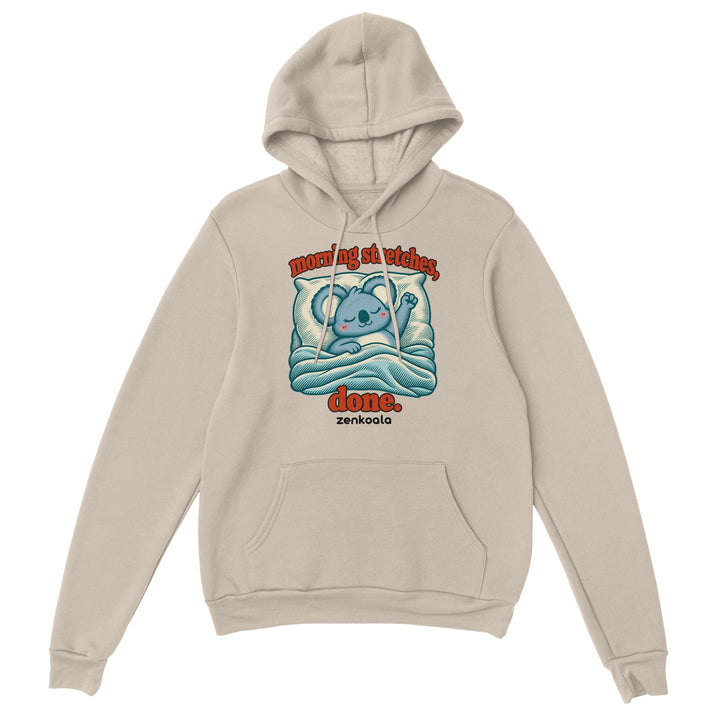 Morning Stretches Done feel-good hoodie in sand, Zen Koala Australia