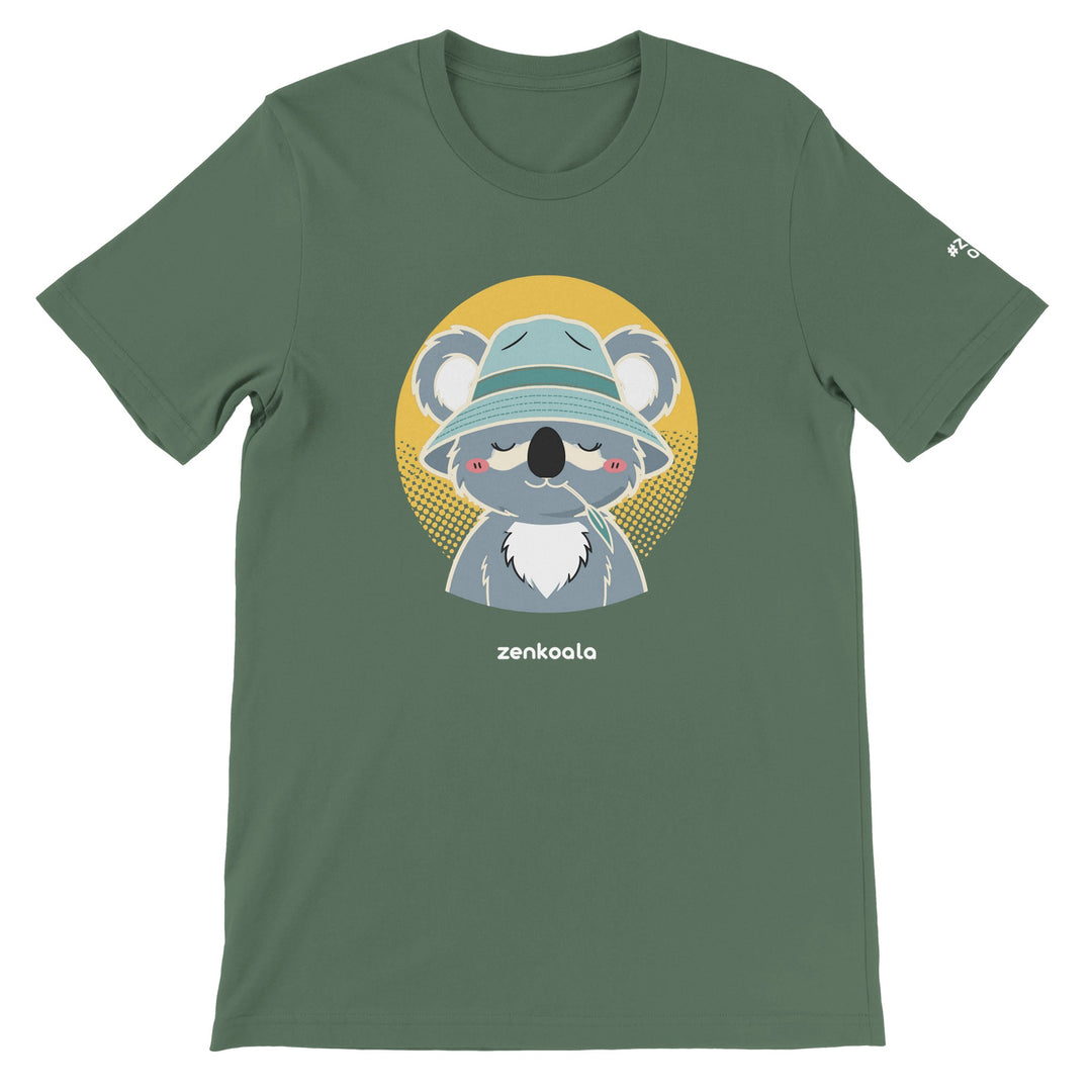 Koala Zinc and Bucket Hat feel-good tee in military green, Zen Koala Australia