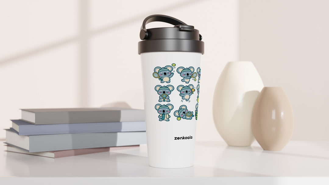 Tennis Koalas travel mug beside books and vases, Zen Koala Australia