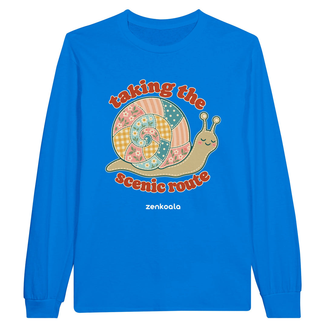 Taking the Scenic Route Snail feel-good long sleeve tee in royal, Zen Koala Australia