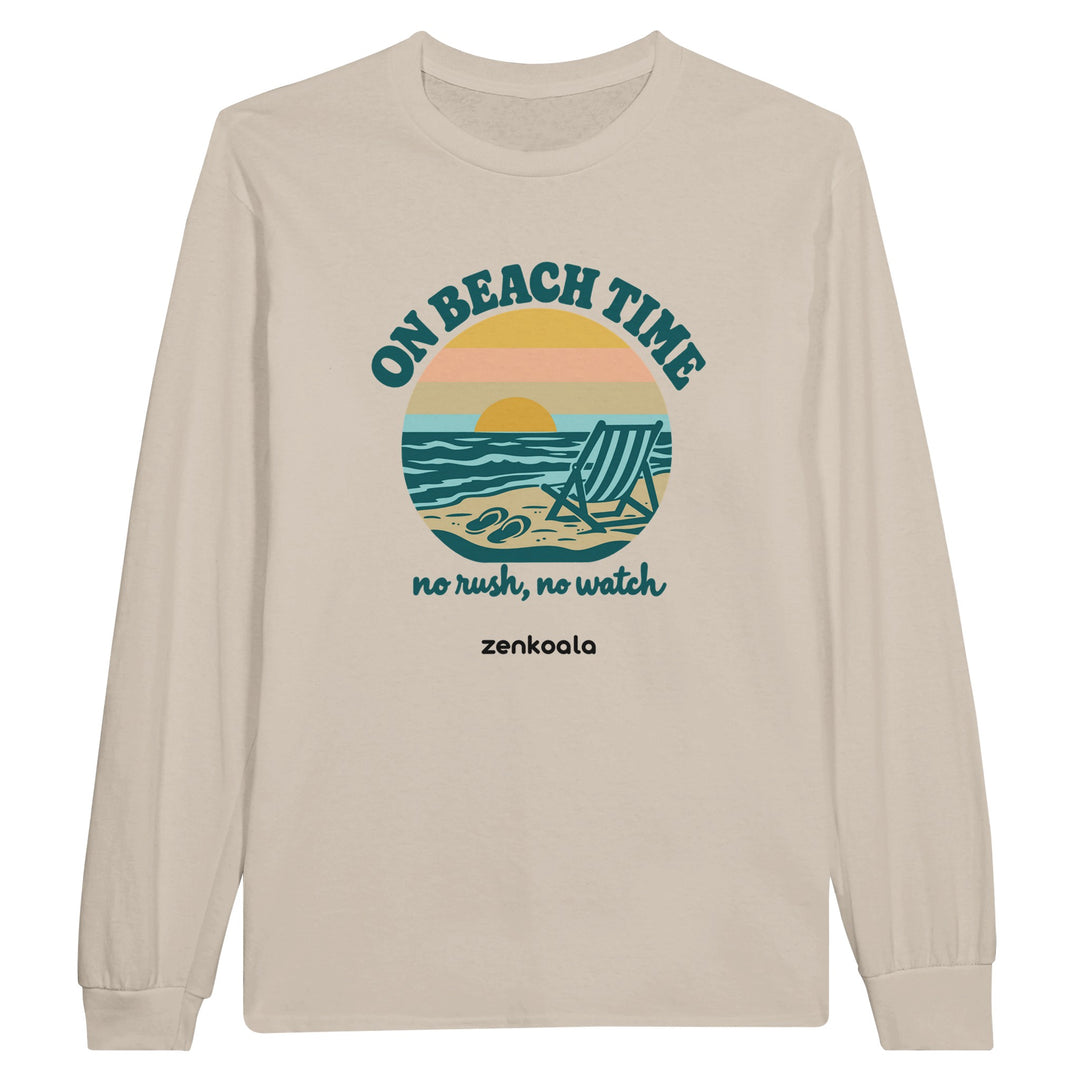 On Beach Time feel-good long sleeve tee in sand, Zen Koala Australia