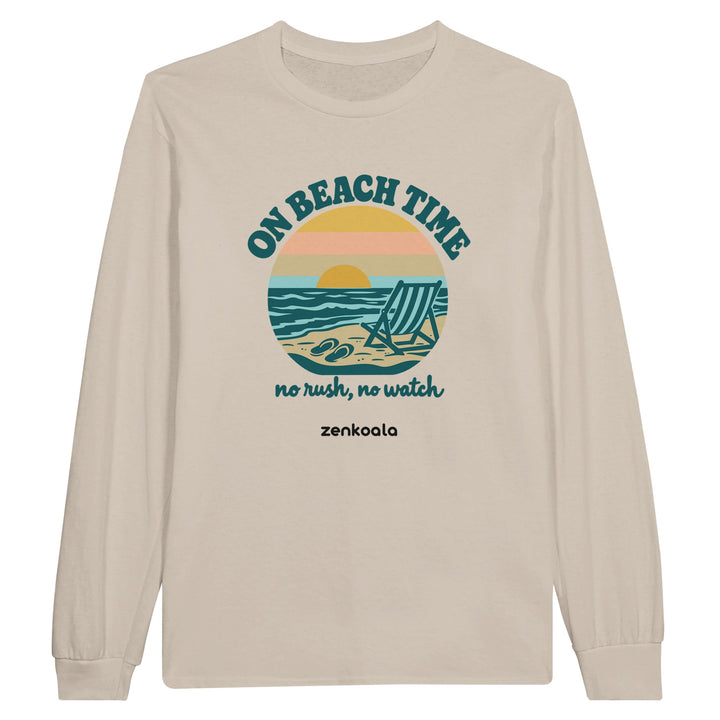 On Beach Time feel-good long sleeve tee in sand, Zen Koala Australia