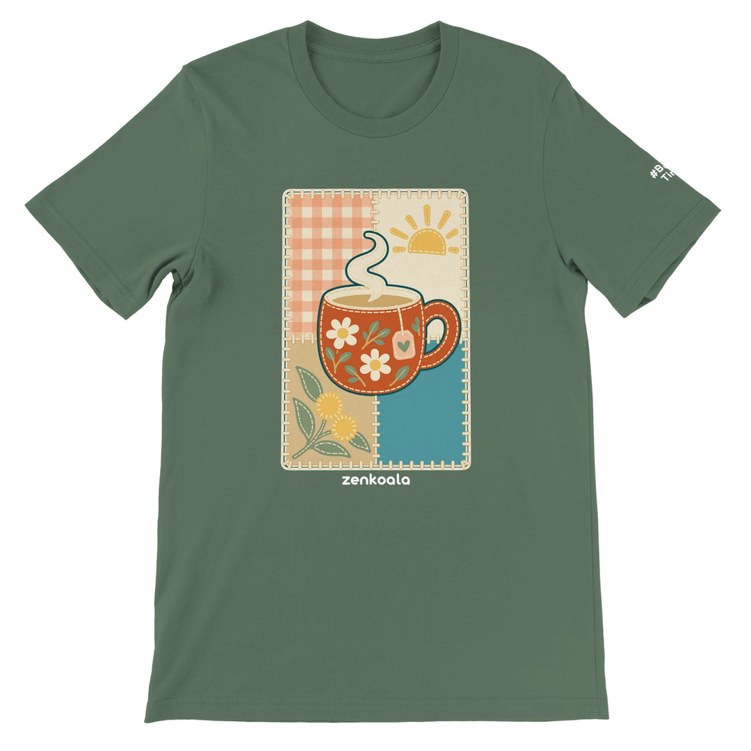 Cuppa Quilt feel-good tee in military green: a cuppa on a quilt block, Zen Koala Australia
