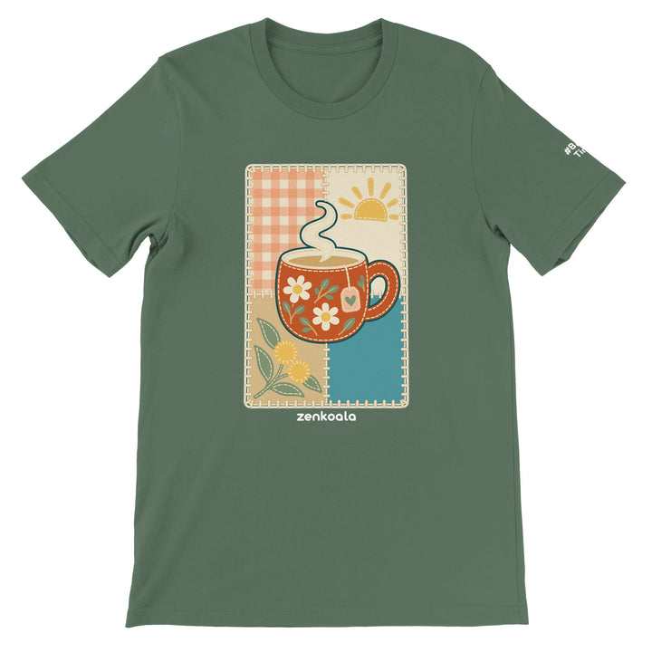 Cuppa Quilt feel-good tee in military green: a cuppa on a quilt block, Zen Koala Australia