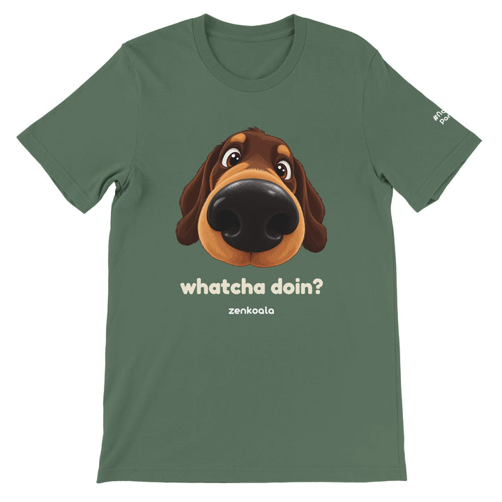 Whatcha Doin? feel-good tee in military green, Zen Koala Australia