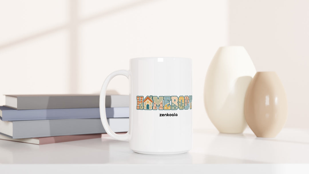 Homebody Faux Patchwork 15oz mug beside books and vases, Zen Koala Australia