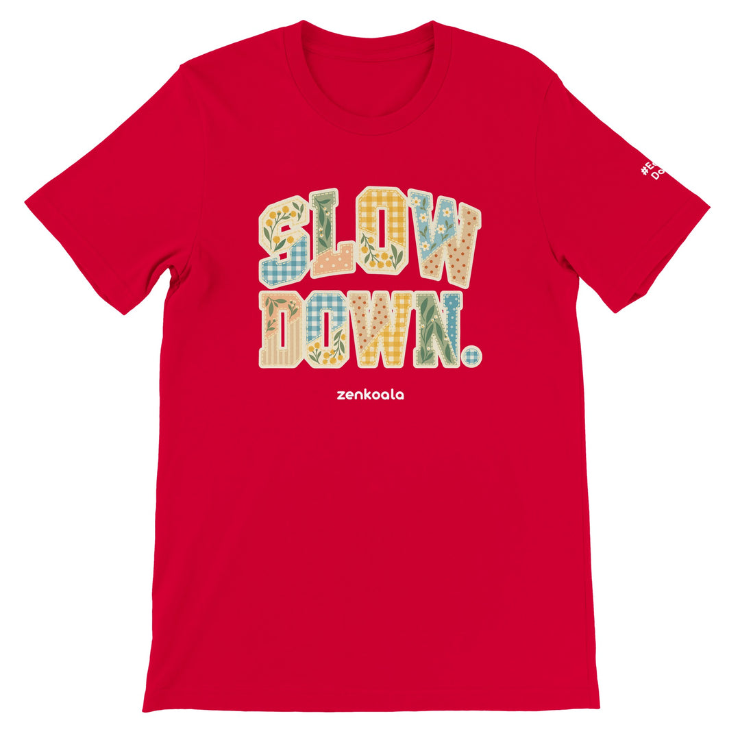 Slow Down Faux Patchwork feel-good tee in red, Zen Koala Australia
