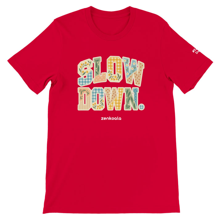 Slow Down Faux Patchwork feel-good tee in red, Zen Koala Australia