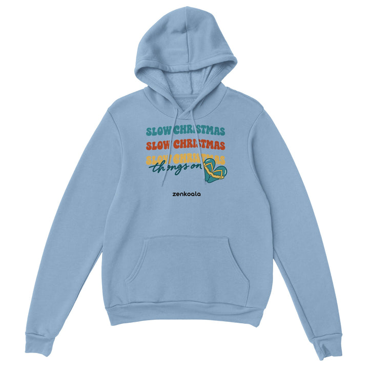 Slow Christmas Thongs On feel-good hoodie in light blue, Zen Koala Australia