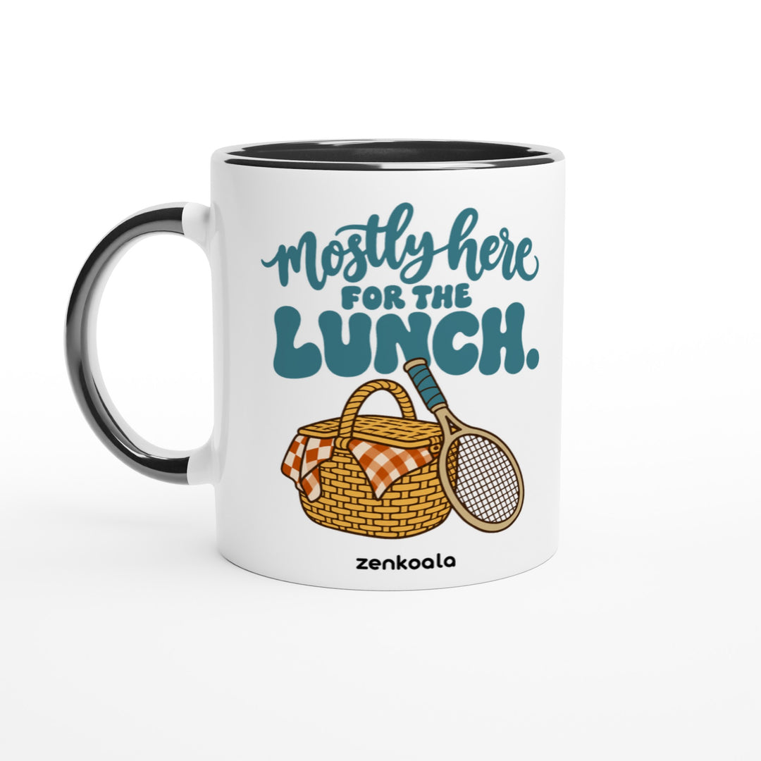 Mostly Here for the Lunch mug in black: white with a black rim, inside and handle, Zen Koala Australia