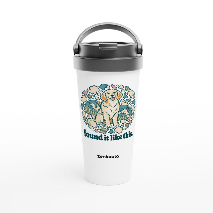 Found It Like This feel-good travel mug: an innocent dog in a cloud of cushion fluff, Zen Koala Australia