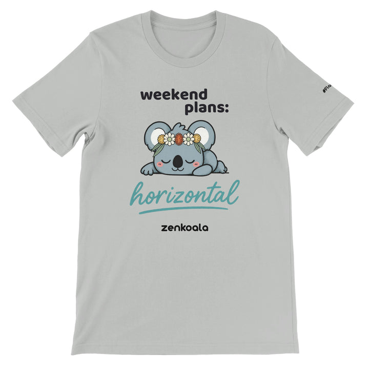 Weekend Plans Horizontal feel-good tee in silver — a sleepy koala in an Aussie wildflower crown, Zen Koala Australia