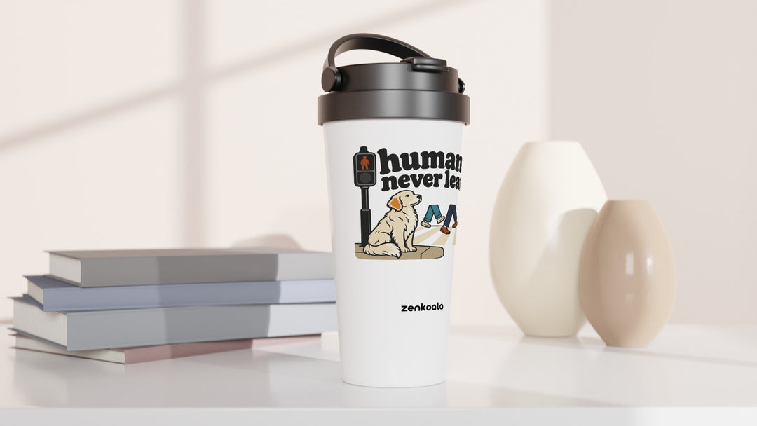 Humans Never Learn travel mug beside books and vases, Zen Koala Australia