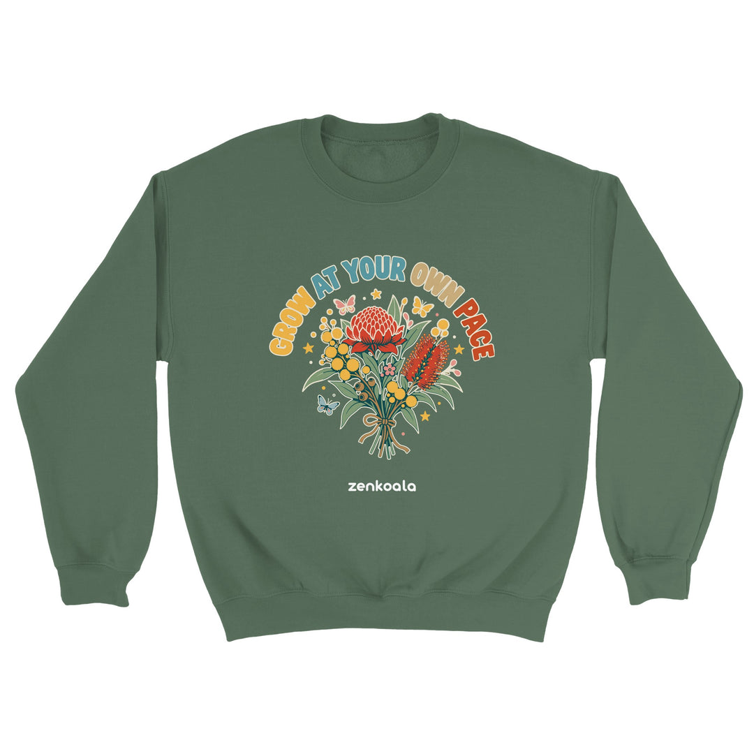 Grow at Your Own Pace feel-good sweatshirt in military green, Zen Koala Australia