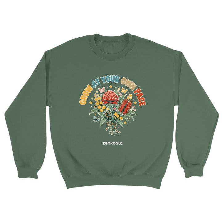 Grow at Your Own Pace feel-good sweatshirt in military green, Zen Koala Australia