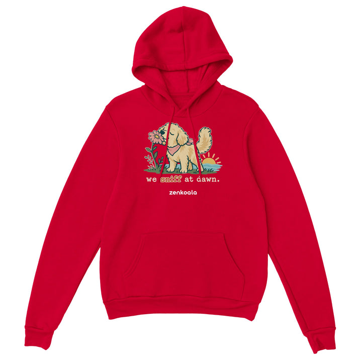 We Sniff at Dawn feel-good hoodie in red, Zen Koala Australia