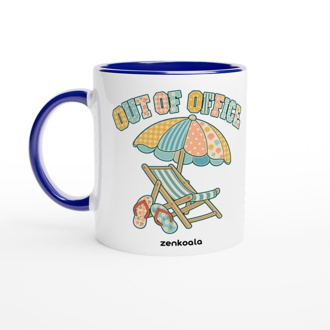 Out of Office Beach mug in blue: white with a blue rim, inside and handle, Zen Koala Australia