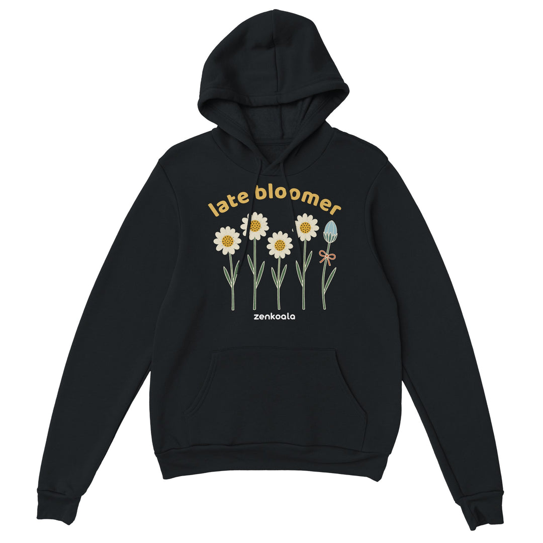 Late Bloomer feel-good hoodie in black, Zen Koala Australia