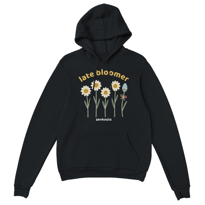 Late Bloomer feel-good hoodie in black, Zen Koala Australia