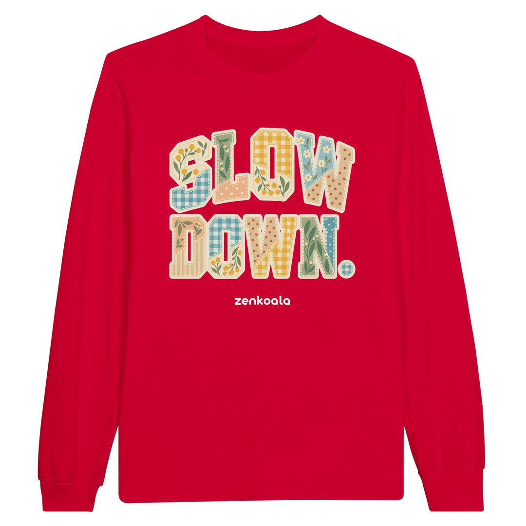 Slow Down Faux Patchwork feel-good long sleeve tee in red, Zen Koala Australia
