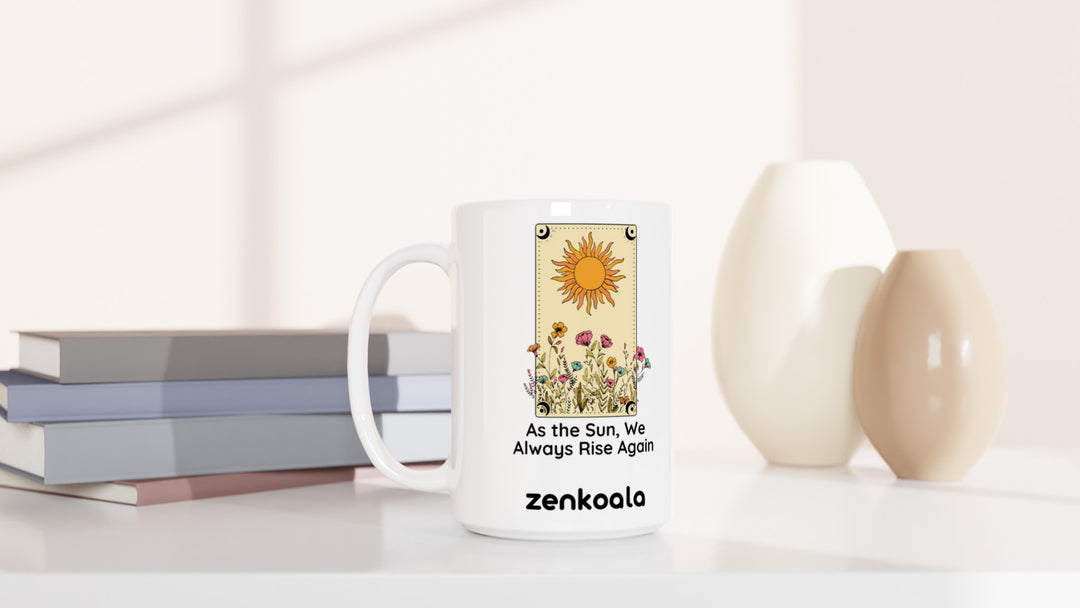 As The Sun 15oz mug beside books and vases, Zen Koala Australia