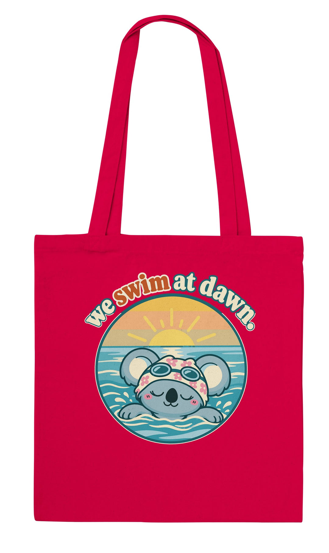 We Swim at Dawn feel-good tote bag in red, Zen Koala Australia