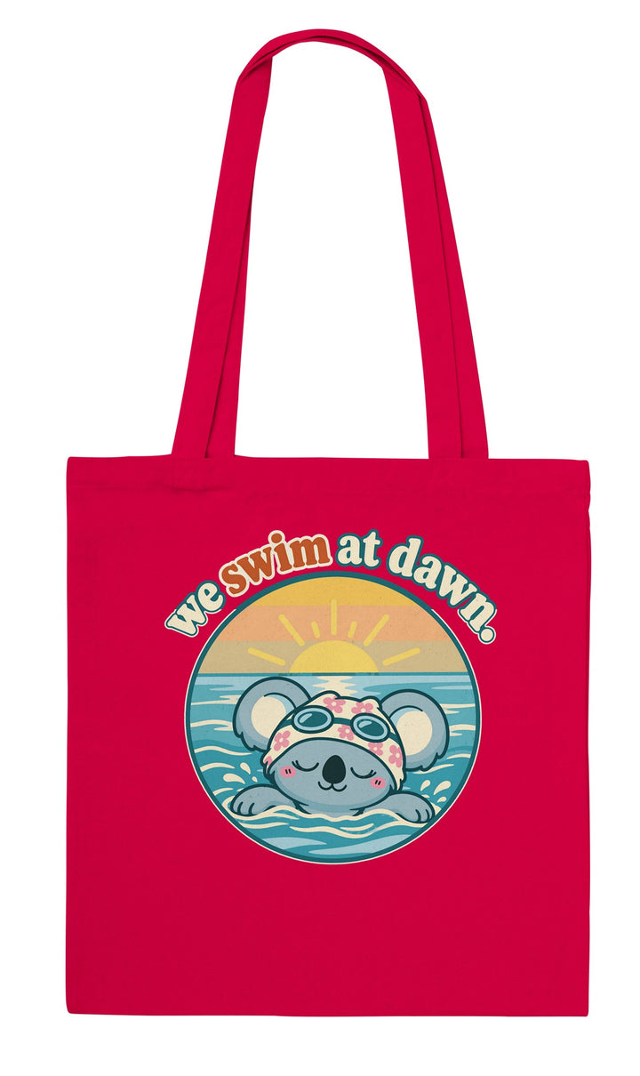 We Swim at Dawn feel-good tote bag in red, Zen Koala Australia