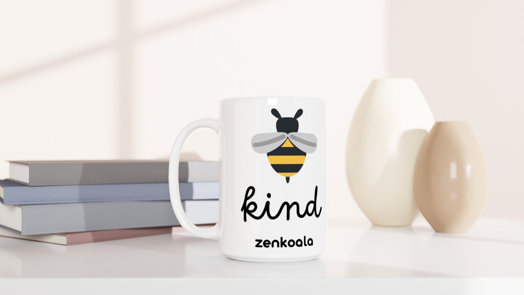 Bee Kind 15oz mug beside books and vases, Zen Koala Australia