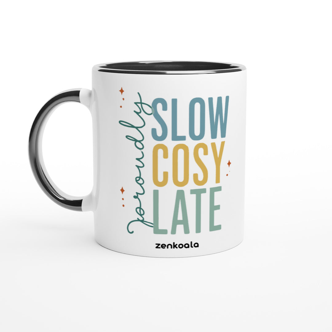 Proudly Slow Cosy Late mug in black: white with a black rim, inside and handle, Zen Koala Australia