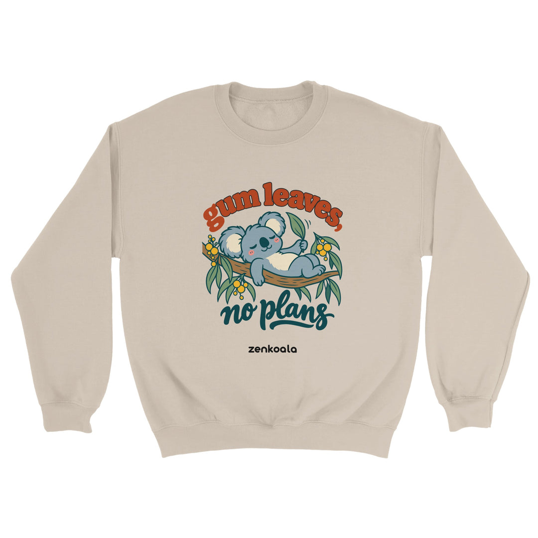 Gum Leaves No Plans feel-good sweatshirt in sand, Zen Koala Australia