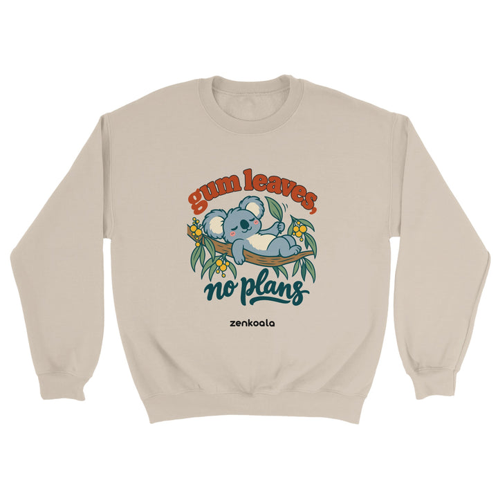 Gum Leaves No Plans feel-good sweatshirt in sand, Zen Koala Australia