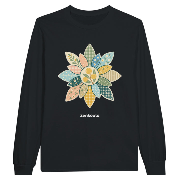 Wattle Mandala feel-good long sleeve tee in black, Zen Koala Australia