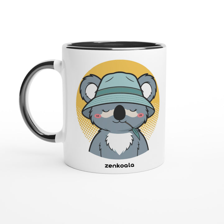 Koala Zinc and Bucket Hat mug in black: white with a black rim, inside and handle, Zen Koala Australia
