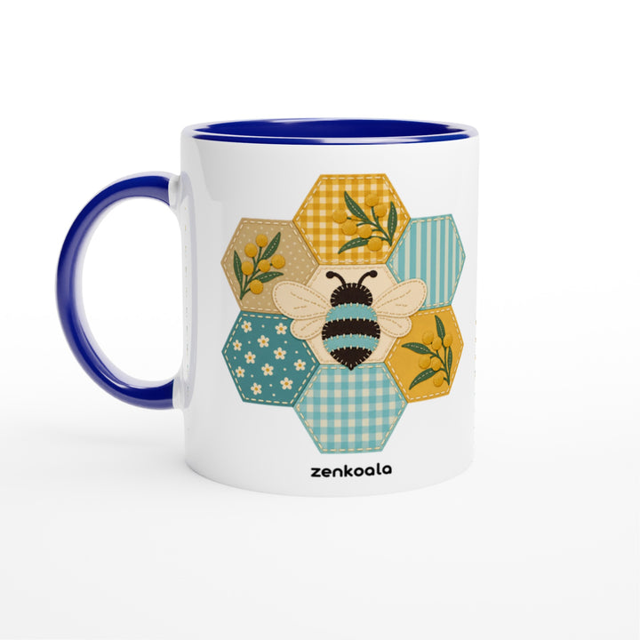 Honeycomb Bee mug in blue: white with a blue rim, inside and handle, Zen Koala Australia