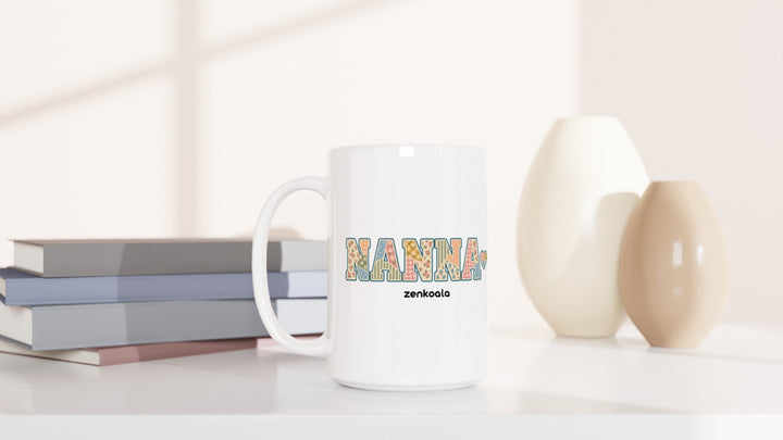 Nanna Faux Patchwork 15oz mug beside books and vases, Zen Koala Australia