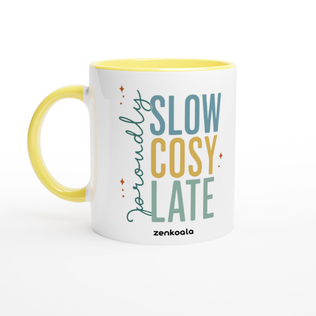 Proudly Slow Cosy Late mug in yellow: white with a yellow rim, inside and handle, Zen Koala Australia