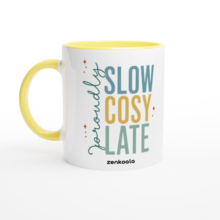 Proudly Slow Cosy Late mug in yellow: white with a yellow rim, inside and handle, Zen Koala Australia